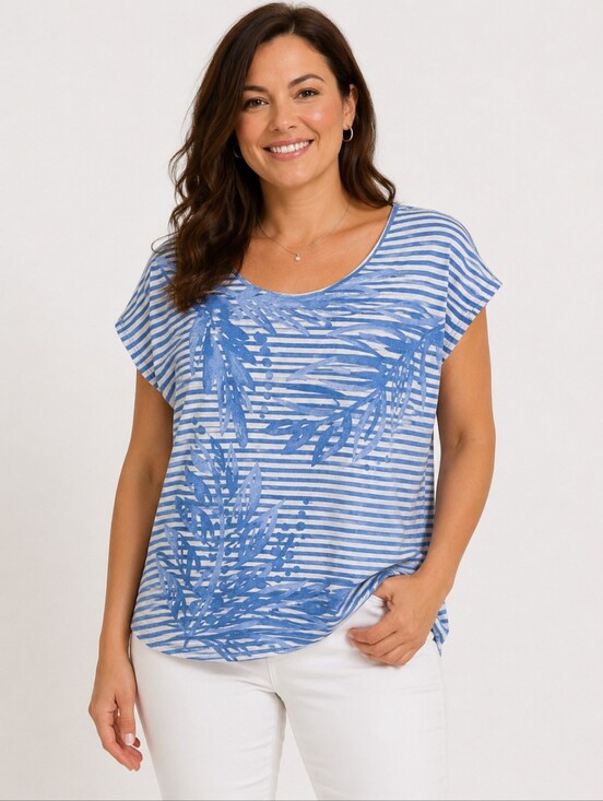 Chico's Tops - A-183 — Chico's Blue & White Striped Leaf Print Top